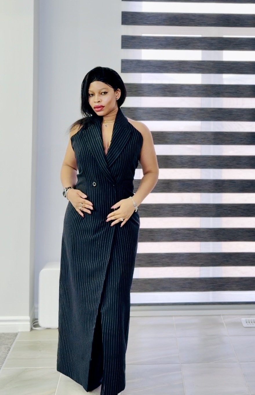 halter neck dress with jacket Black Pinstripe – DEBORAH OTEN what jacket to wear with high neck dress