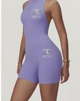 Purple Zipper Sleeveless Hollow Back Playsuit