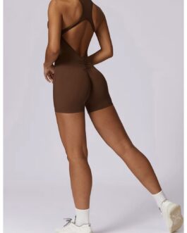 Brown Zipper Sleeveless Hollow Back Playsuit