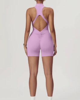 Pink Zipper Sleeveless Hollow Back Playsuit